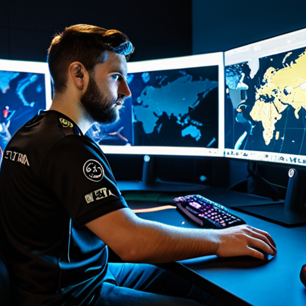 A professional male gamer, fully clothed in a modest, dark esports jersey, seated at a high-tech gaming desk. His posture is natural, and he is intently focused on a large, glowing monitor displaying a tactical map view from a first-person shooter game, not depicting any violence or gore. His expression is calm and analytical, reflecting strategic thinking amidst in-game chaos. The background features a modern, clean esports arena with soft ambient lighting. The image emphasizes perfect anatomy, correct proportions, well-formed hands, proper finger count, and natural body proportions. This is a professional photography shot, high-quality, safe for work, appropriate content, fully clothed, family-friendly, professional dress.