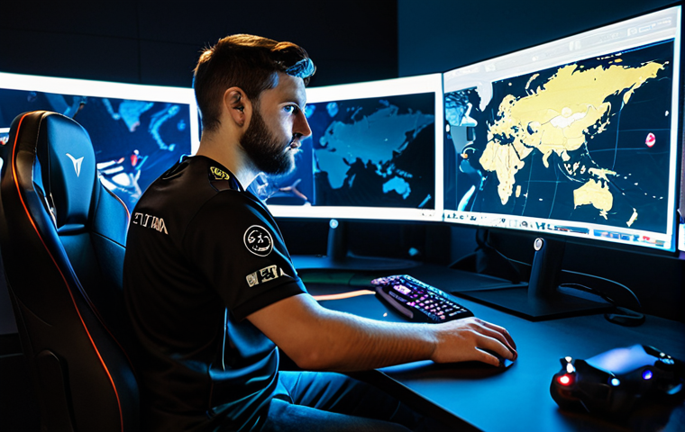 A professional male gamer, fully clothed in a modest, dark esports jersey, seated at a high-tech gaming desk. His posture is natural, and he is intently focused on a large, glowing monitor displaying a tactical map view from a first-person shooter game, not depicting any violence or gore. His expression is calm and analytical, reflecting strategic thinking amidst in-game chaos. The background features a modern, clean esports arena with soft ambient lighting. The image emphasizes perfect anatomy, correct proportions, well-formed hands, proper finger count, and natural body proportions. This is a professional photography shot, high-quality, safe for work, appropriate content, fully clothed, family-friendly, professional dress.