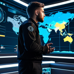A professional male esports strategist, fully clothed in a modest, dark professional uniform, stands in a brightly lit, futuristic strategy room. He is intently looking at a large holographic projection of a detailed tactical map from a popular competitive shooter game, highlighting key routes and power positions. The room features sleek, modern design elements with subtle ambient lighting. safe for work, appropriate content, fully clothed, professional, perfect anatomy, correct proportions, natural pose, well-formed hands, proper finger count, natural body proportions, professional photography, high quality.