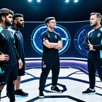 A diverse group of five professional esports players, wearing modest team jerseys and appropriate athletic pants, gathered around a holographic tactical map displaying strategic points on a futuristic game arena. They are engaged in a serious discussion, gesturing towards the map with focused expressions. The setting is a brightly lit, clean esports training room with modern equipment. safe for work, appropriate content, fully clothed, professional, perfect anatomy, correct proportions, natural pose, well-formed hands, proper finger count, natural body proportions, high-quality professional photography, detailed, realistic.