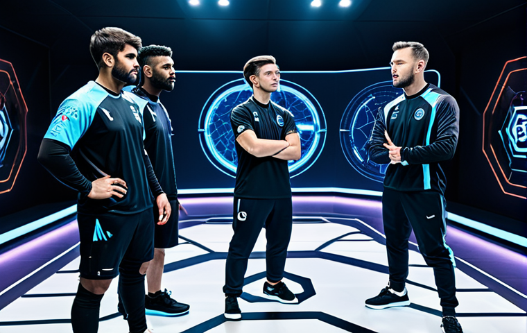 A diverse group of five professional esports players, wearing modest team jerseys and appropriate athletic pants, gathered around a holographic tactical map displaying strategic points on a futuristic game arena. They are engaged in a serious discussion, gesturing towards the map with focused expressions. The setting is a brightly lit, clean esports training room with modern equipment. safe for work, appropriate content, fully clothed, professional, perfect anatomy, correct proportions, natural pose, well-formed hands, proper finger count, natural body proportions, high-quality professional photography, detailed, realistic.