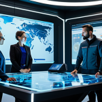 A diverse team of five professional Valorant agents, fully clothed in their iconic, modest combat attire, standing around a holographic map table in a futuristic, well-lit command center. They are engaged in strategic discussion, pointing at economic overlays and agent ability icons displayed on the table. One agent is looking at a projected buy menu, contemplating options. The scene emphasizes teamwork and synchronized decision-making. The background shows subtle elements of a high-tech gaming environment. Perfect anatomy, correct proportions, natural poses, well-formed hands, proper finger count, natural body proportions. Professional photography, high detail, sharp focus, vibrant colors, appropriate content, safe for work, fully clothed, professional, family-friendly.