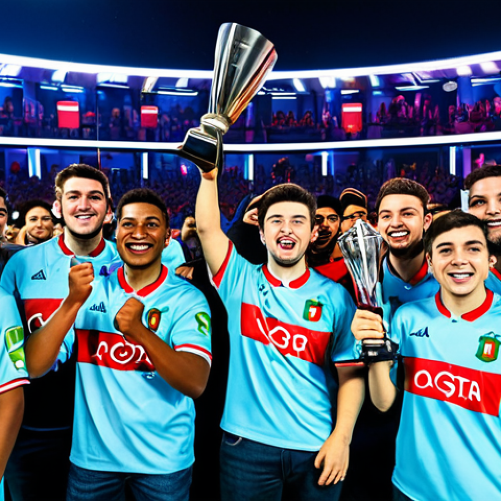 ** "A diverse team of fully clothed Valorant players, celebrating a victory at a local eSports tournament in Lisbon, Portugal. They are wearing modest gaming attire, holding trophies and Portuguese flags. Background: a vibrant esports arena with cheering fans. Safe for work, appropriate content, professional, perfect anatomy, natural proportions, family-friendly." **