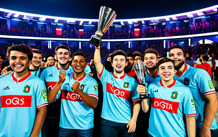 ** "A diverse team of fully clothed Valorant players, celebrating a victory at a local eSports tournament in Lisbon, Portugal. They are wearing modest gaming attire, holding trophies and Portuguese flags. Background: a vibrant esports arena with cheering fans. Safe for work, appropriate content, professional, perfect anatomy, natural proportions, family-friendly." **
