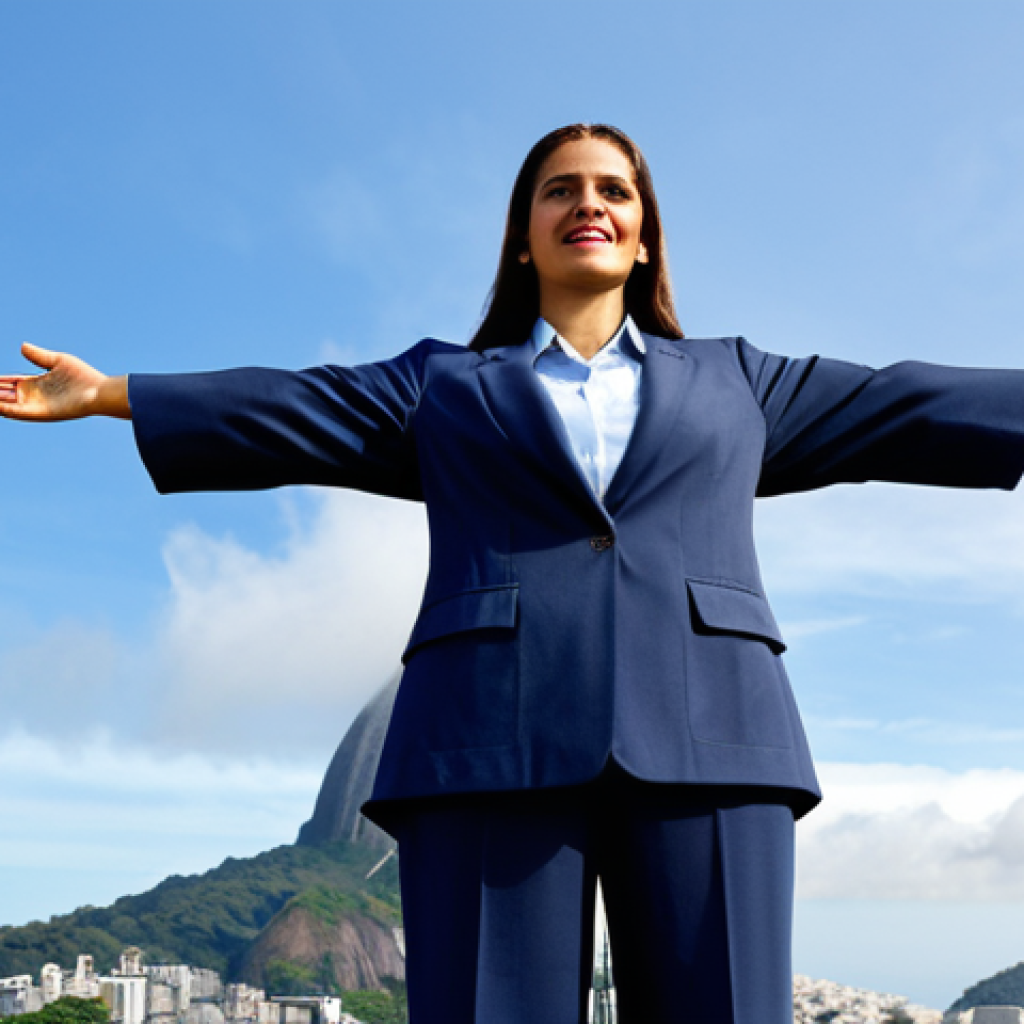 **A professional businesswoman in a modest business suit, standing in front of the iconic Christ the Redeemer statue in Rio de Janeiro, fully clothed, appropriate attire, safe for work, perfect anatomy, natural proportions, professional photography, high quality.** (This prompt combines a professional theme with a famous Brazilian landmark.)