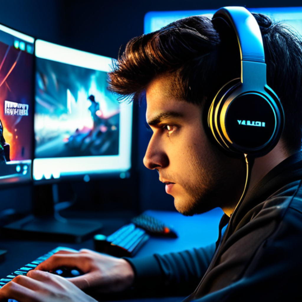 발로란트 초보를 위한 사운드 설정 - ** A gamer wearing a comfortable, high-quality gaming headset, fully clothed, concentrating intense...