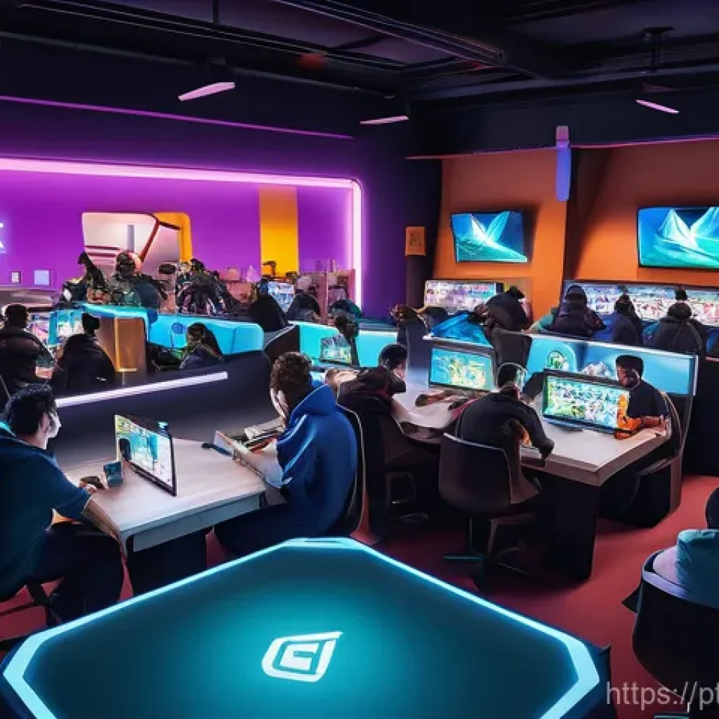 발로란트 유저 통계 트렌드 - **Valorant Diverse Community Gathering:** An overhead shot capturing a vibrant, modern gaming ca...