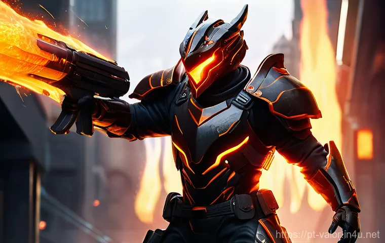 발로란트 스킨의 진화와 변화 - Elderflame Vandal in Action** Prompt: "A high-fidelity, action-shot image of a Valorant agent, mid-...