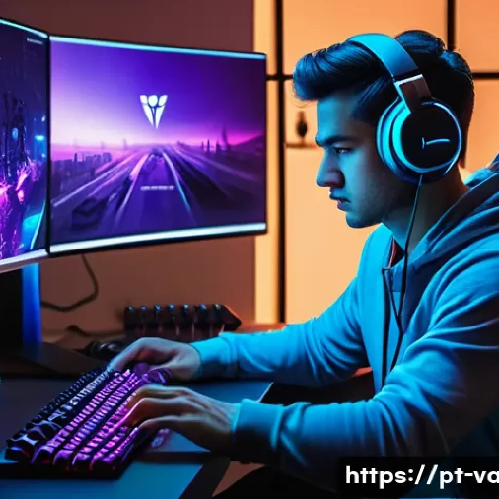 발로란트 프로게이머 인터뷰 영상 - A professional esports player sitting in a modern gaming room, intensely focused on a high-end PC se...