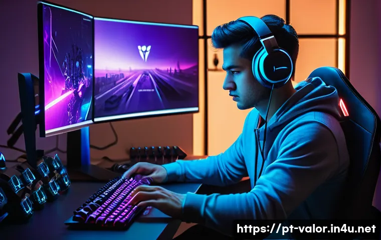 발로란트 프로게이머 인터뷰 영상 - A professional esports player sitting in a modern gaming room, intensely focused on a high-end PC se...