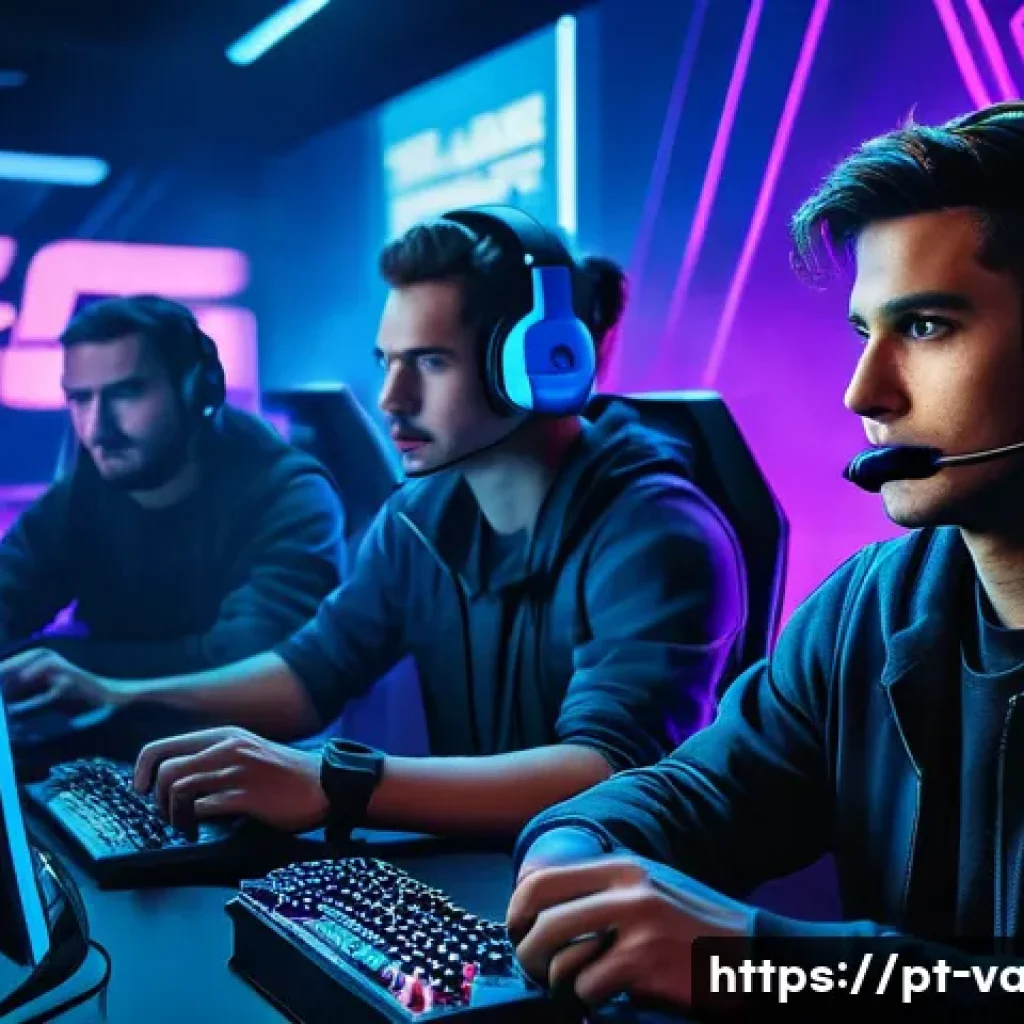 발로란트 최고의 경기 운영 - A dynamic esports team scene inside a modern gaming arena, five diverse players in tactical gear and...