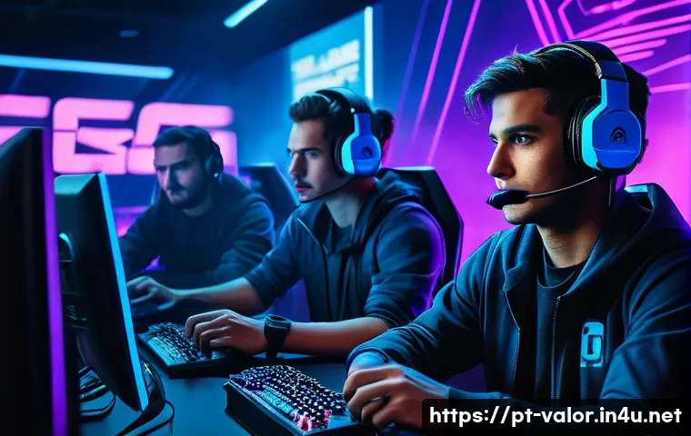 발로란트 최고의 경기 운영 - A dynamic esports team scene inside a modern gaming arena, five diverse players in tactical gear and...