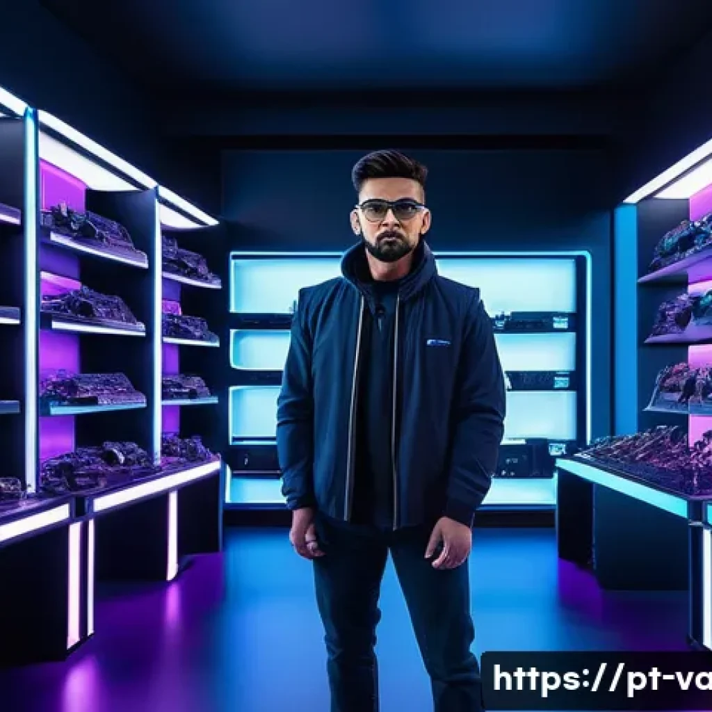 발로란트 스킨 거래 방법 - A high-tech futuristic gaming room scene focused on a sleek Valorant weapon skin showcase, featuring...