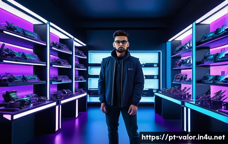 발로란트 스킨 거래 방법 - A high-tech futuristic gaming room scene focused on a sleek Valorant weapon skin showcase, featuring...