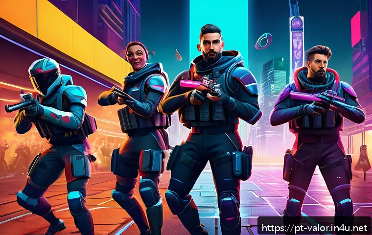 발로란트 인게임 이모트 사용법 - A dynamic in-game scene showing a diverse team of Valorant agents celebrating a clutch victory with ...