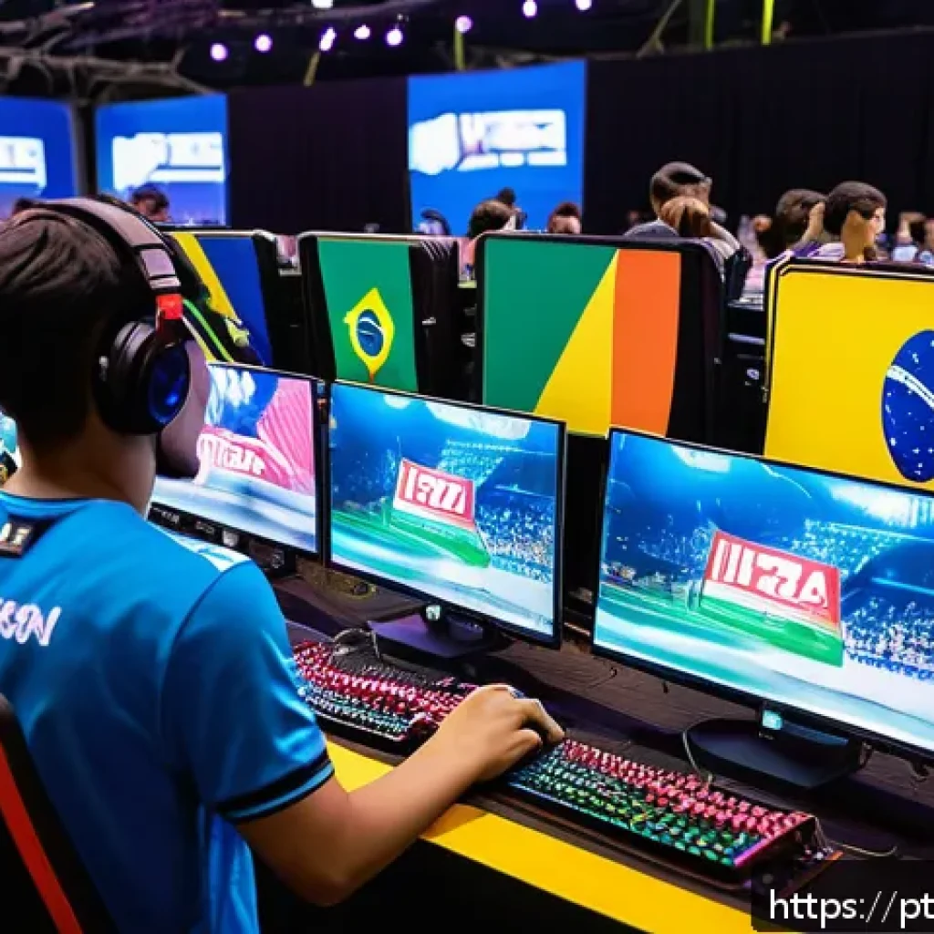 발로란트 유저 기반 확장 전략 - A vibrant esports event scene set in a large convention hall in S&atilde;o Paulo, Brazil, showcasing divers...