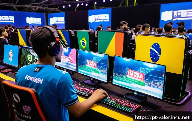 발로란트 유저 기반 확장 전략 - A vibrant esports event scene set in a large convention hall in S&atilde;o Paulo, Brazil, showcasing divers...