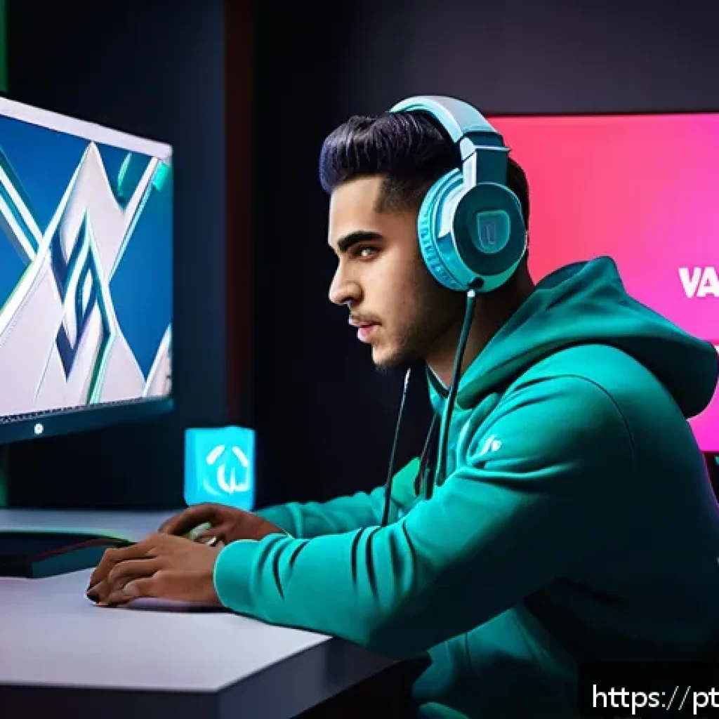 발로란트 공식 상품 할인 정보 - A vibrant digital scene showcasing a Brazilian gamer sitting at a modern gaming desk with multiple m...