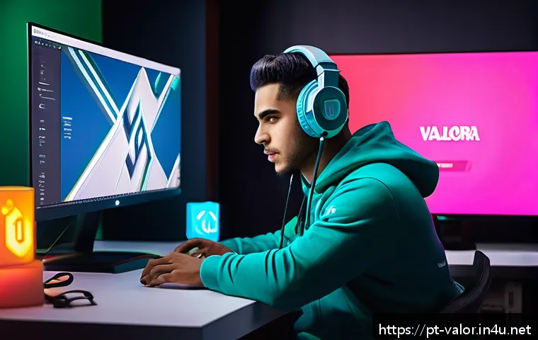발로란트 공식 상품 할인 정보 - A vibrant digital scene showcasing a Brazilian gamer sitting at a modern gaming desk with multiple m...