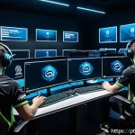 Home 22 발로란트 프로팀과 아마추어팀 비교 - A professional esports team in a sleek, modern gaming arena intensely studying Valorant game patches...