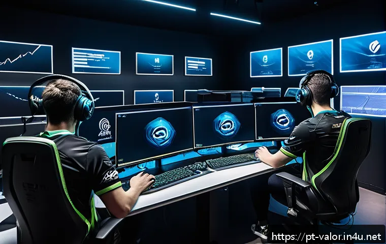 발로란트 프로팀과 아마추어팀 비교 - A professional esports team in a sleek, modern gaming arena intensely studying Valorant game patches...
