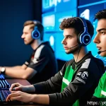 Home 21 발로란트 공략 유튜버 추천 - A dynamic esports scene focused on a diverse team of Valorant players strategizing around a high-tec...