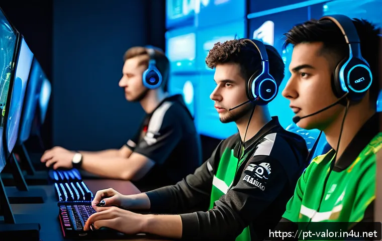 발로란트 공략 유튜버 추천 - A dynamic esports scene focused on a diverse team of Valorant players strategizing around a high-tec...