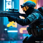 Home 19 발로란트 타격 판정 시스템 - A futuristic Valorant agent in dynamic combat pose, wearing tactical gear and visible protective clo...