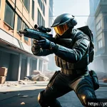 Home 23 발로란트 모바일에서의 변화 - A dynamic scene of a mobile tactical shooter game character in sleek, futuristic urban combat gear, ...