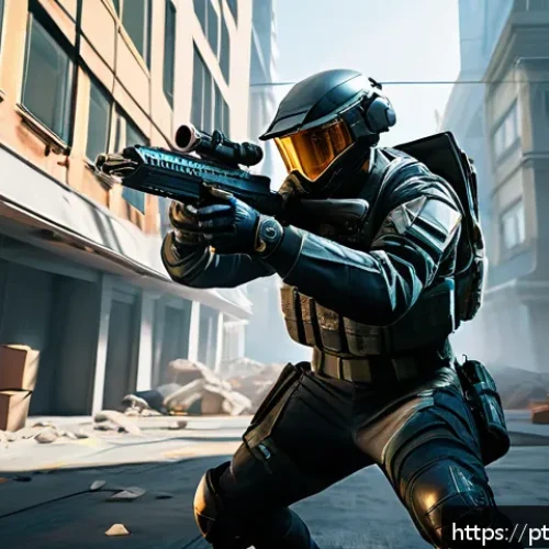 Home 17 발로란트 모바일에서의 변화 - A dynamic scene of a mobile tactical shooter game character in sleek, futuristic urban combat gear, ...