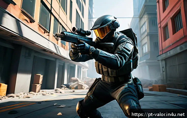 발로란트 모바일에서의 변화 - A dynamic scene of a mobile tactical shooter game character in sleek, futuristic urban combat gear, ...