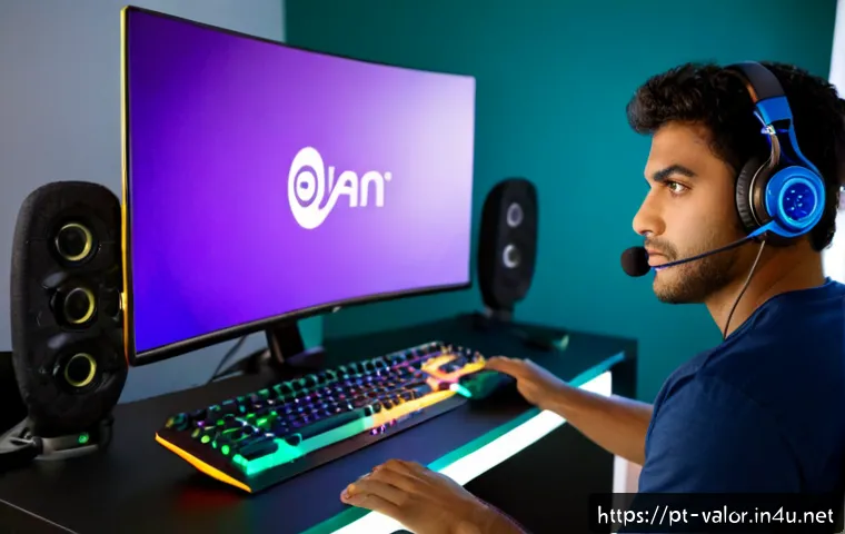 Home 30 발로란트 전용 유튜브 채널 - Photorealistic Brazilian Portuguese-speaking gaming creator at a clean modern desk, wearing a headse...