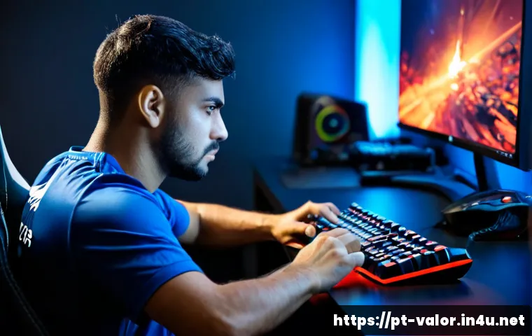 Home 17 발로란트 최고의 오퍼레이터 플레이 - Photorealistic Brazilian esports player in a modern gaming studio, focused intensely at a high-end d...