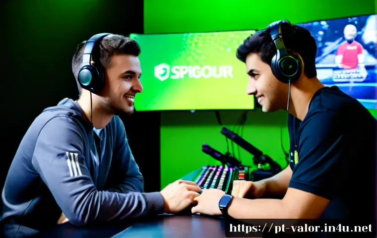 Home 17 발로란트 e스포츠 뉴스 요약 - Photorealistic esports news recap scene in a modern Brazilian gaming studio, two young adult comment...